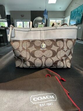 Coach Signature Stripe Tote Khaki Brown Jacquard Canvas Leather Trim + Dust bag
